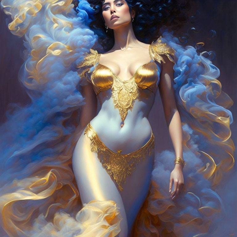 Digital artwork: Woman in gold attire with blue smoke, mystical headdress