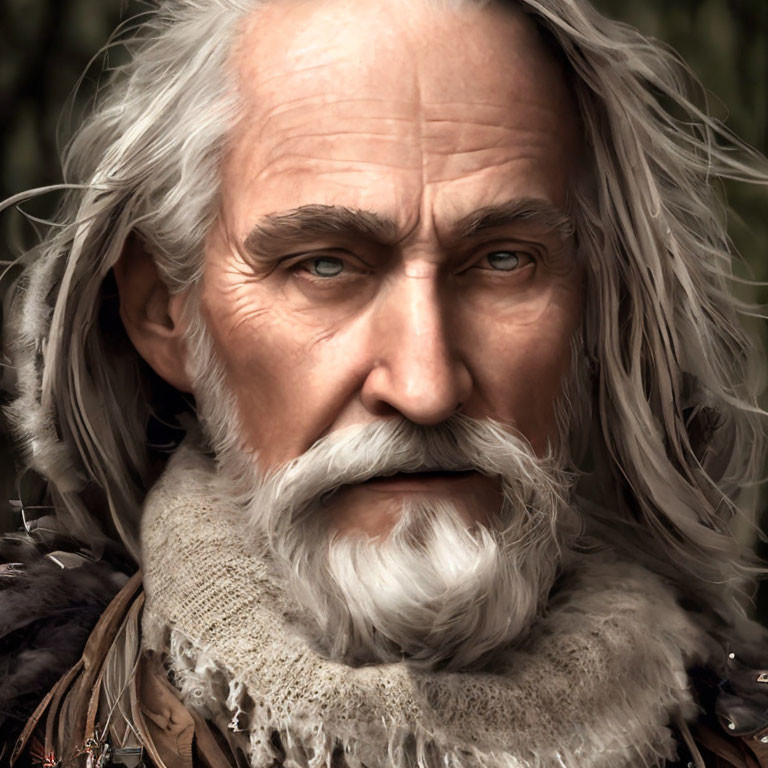 Elderly Man with Intense Eyes and White Beard in Medieval Attire