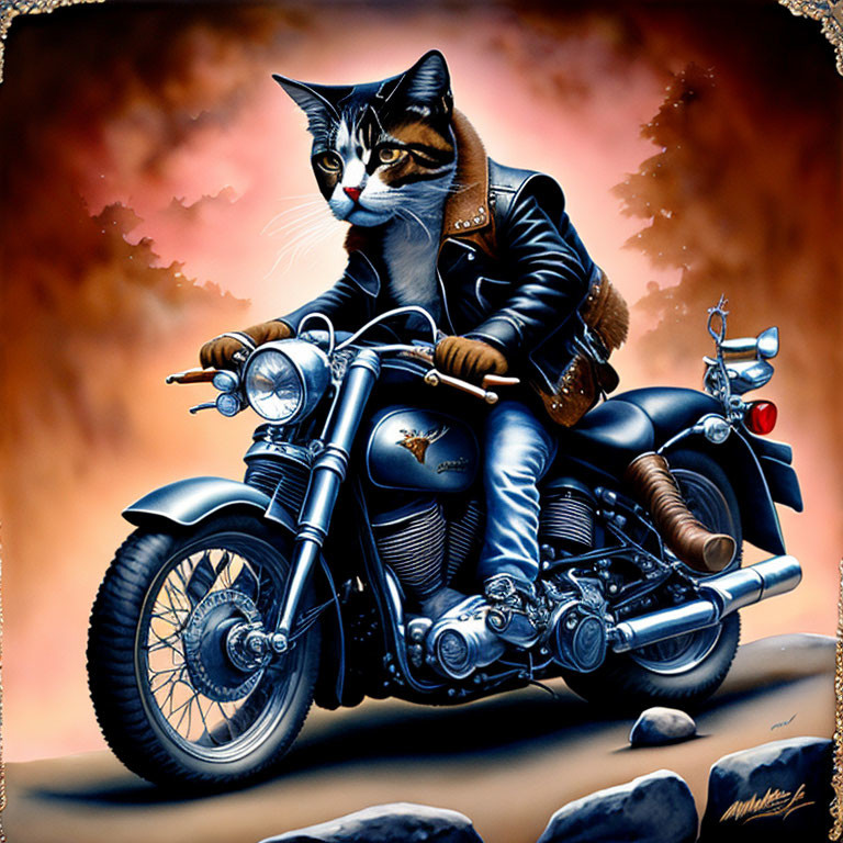 Cat in leather jacket riding motorcycle in orange backdrop