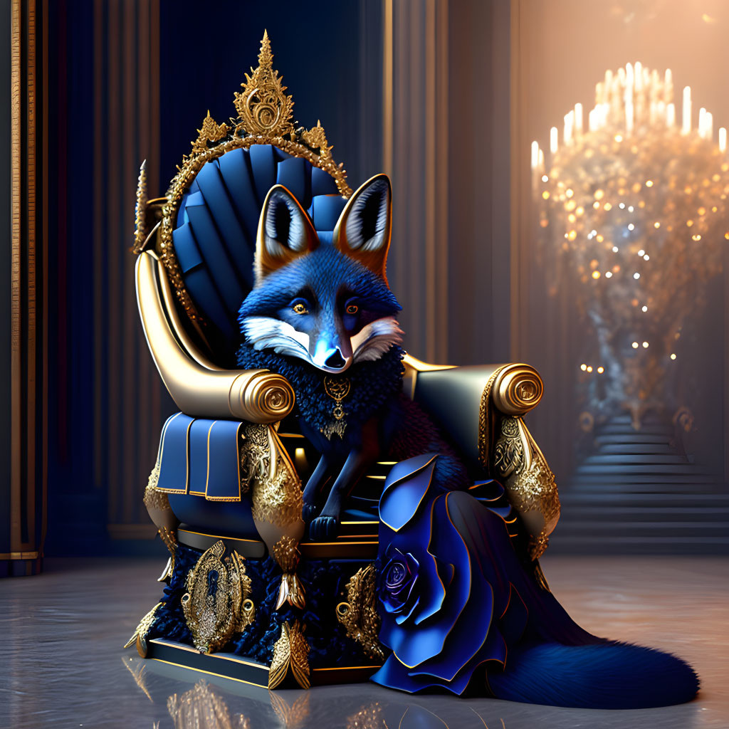 Regal anthropomorphic fox on golden throne with blue rose in luxurious room