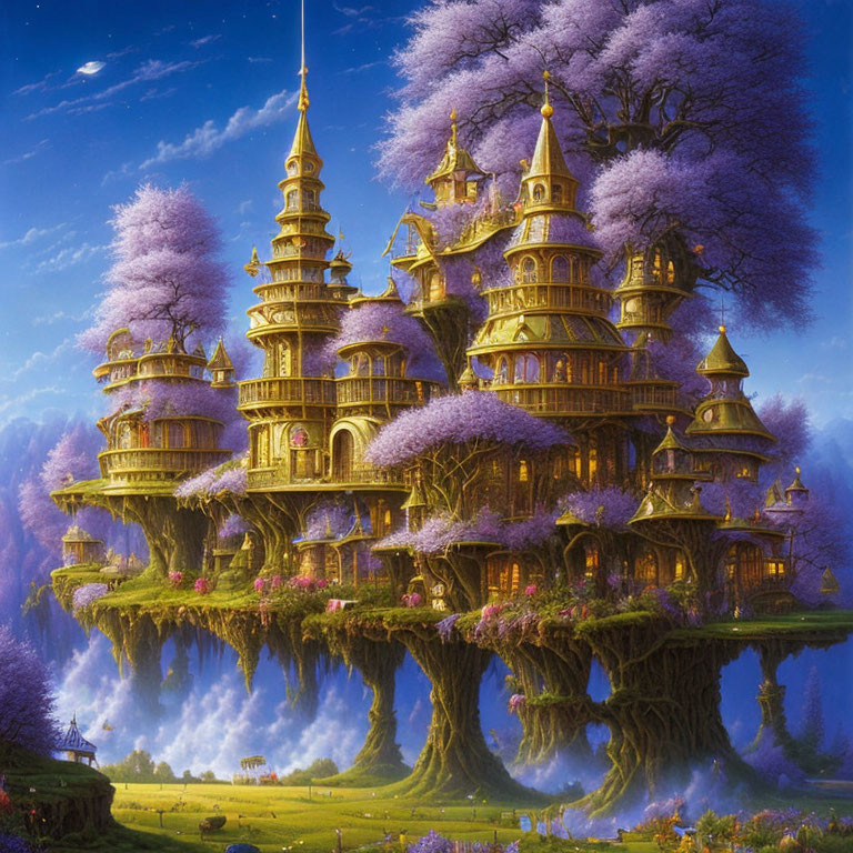 Golden-spired fairy-tale palace on tree with purple foliage and floating islands