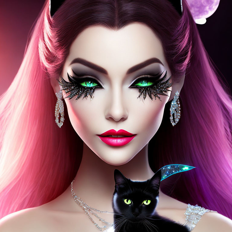 Fantasy-themed female character with dramatic makeup and ombre hair, accompanied by a black cat and