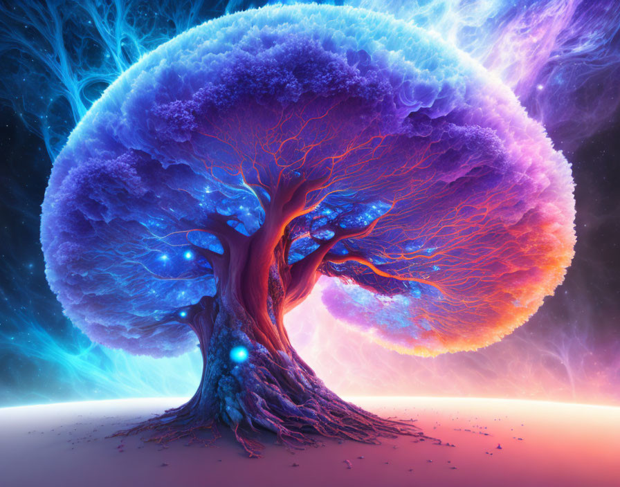 Colorful digital artwork: Tree with blue and orange canopy against cosmic backdrop