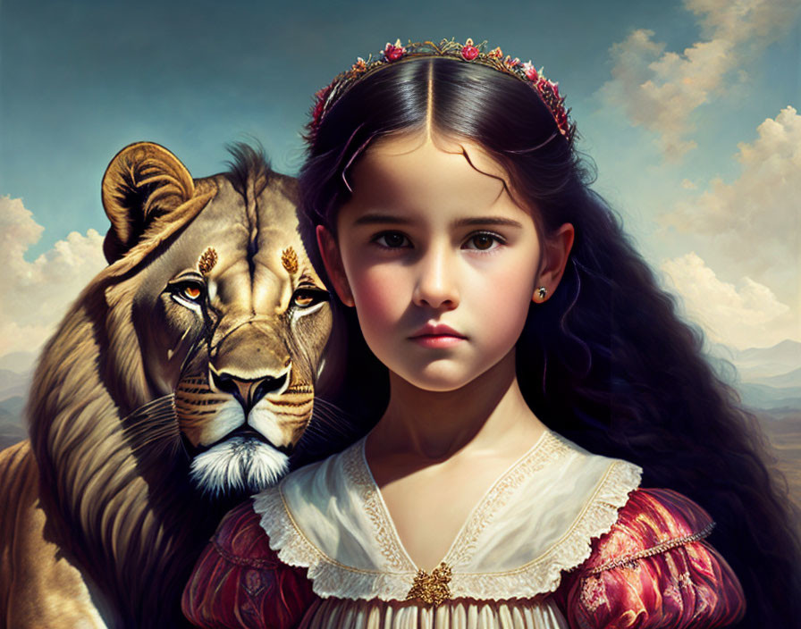 Young girl with floral crown and lion in serene landscape