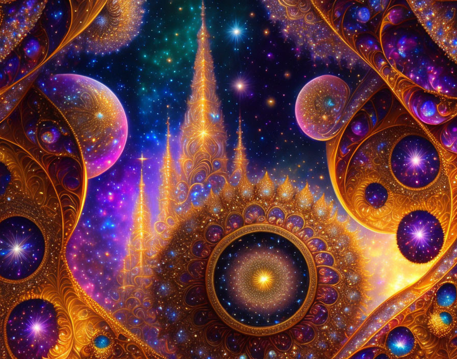 Intricate Cosmic Fractal Art with Celestial Bodies