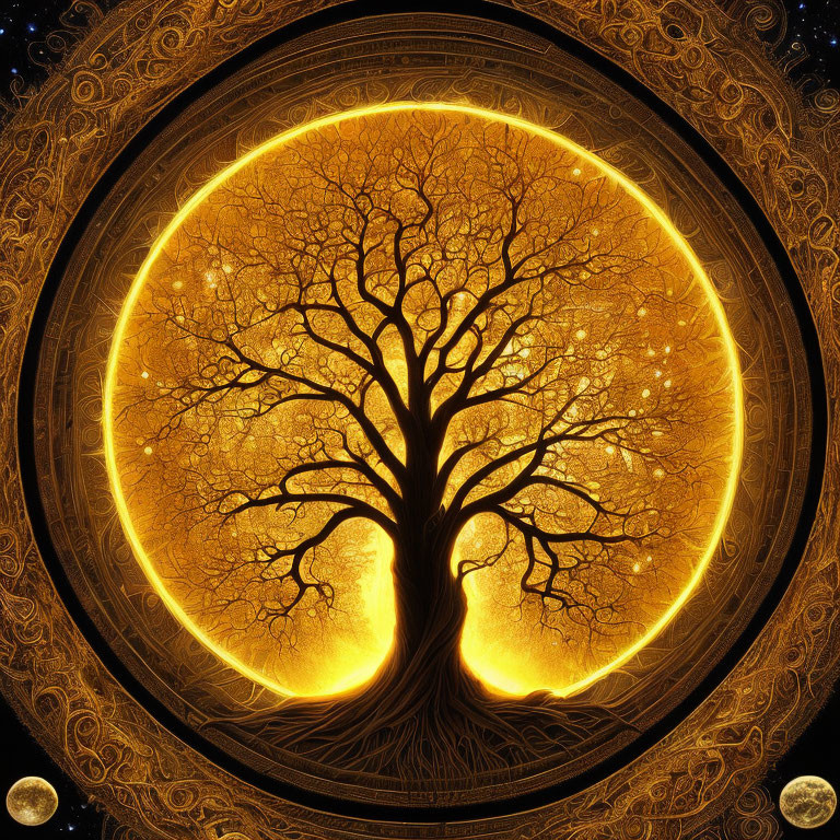 Radiant tree in ornate circular frame under starry night sky