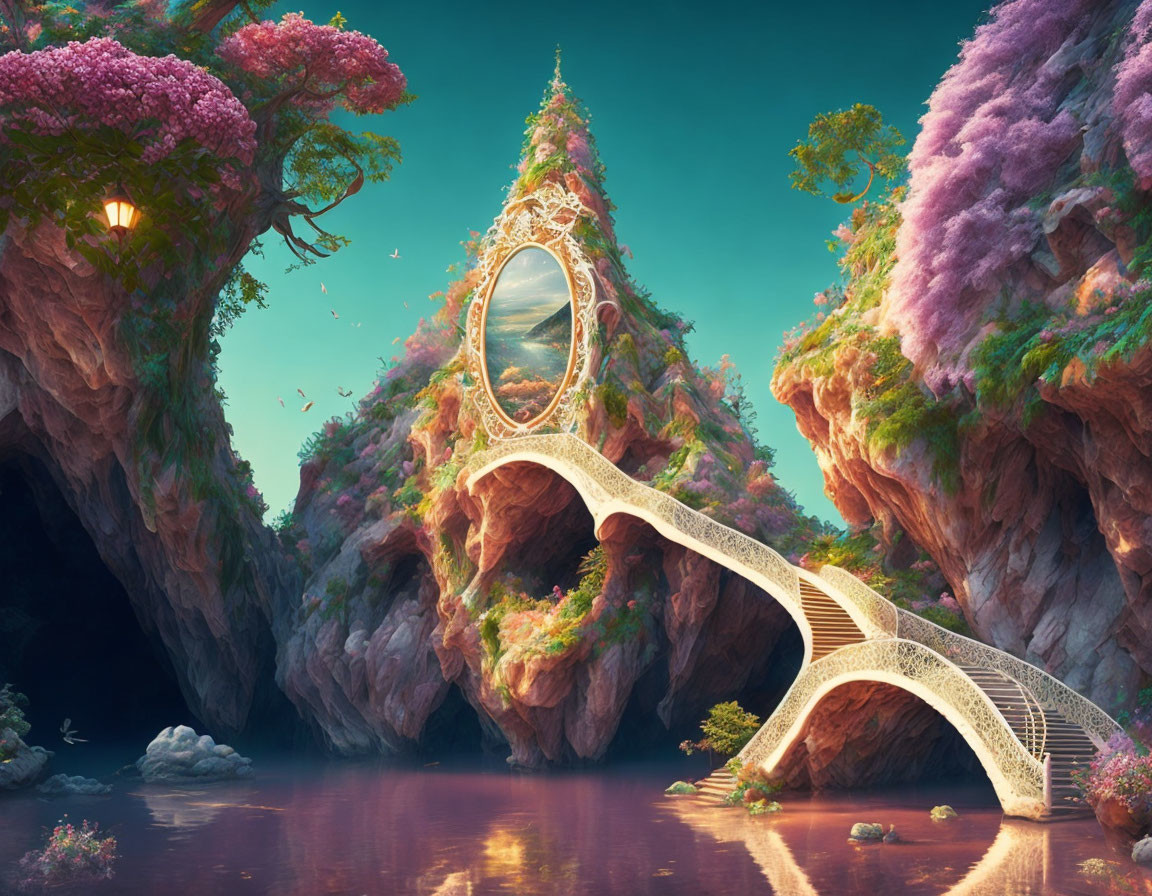 Vibrant trees, rocky cliffs, reflective water, whimsical bridge, mirror portal: fantastical