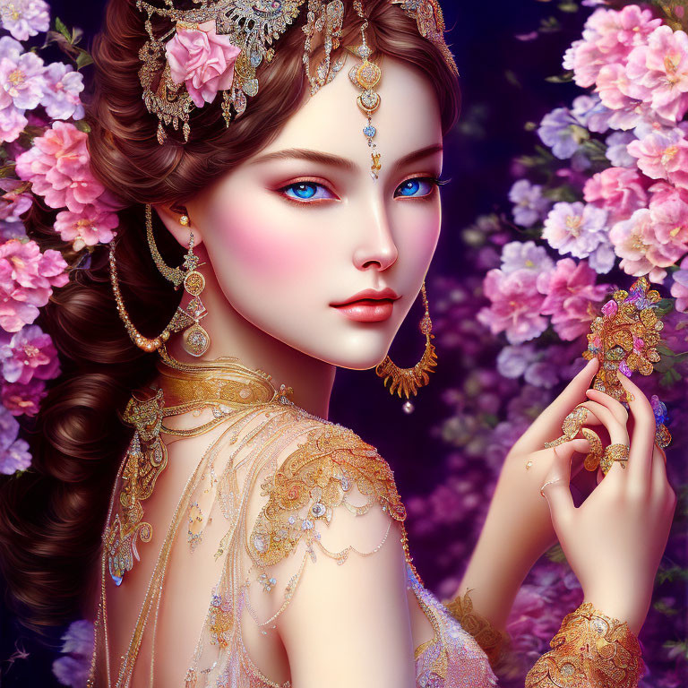 Illustrated woman with blue eyes in gold jewelry and floral headpiece among pink blossoms