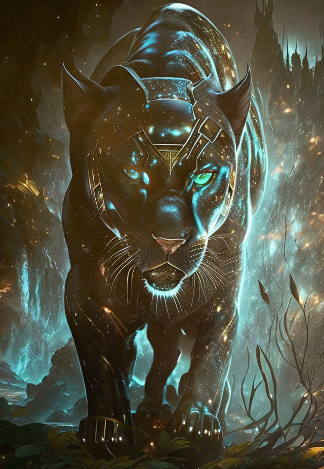 Majestic black panther with glowing blue eyes in mystical forest setting