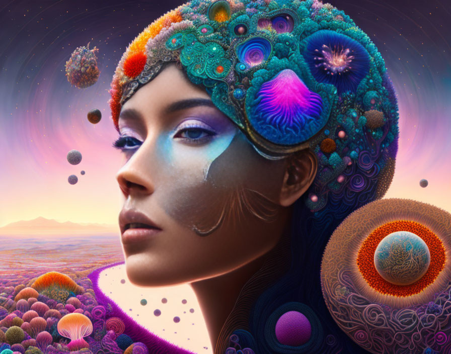 Vibrant psychedelic patterns on woman's profile portrait