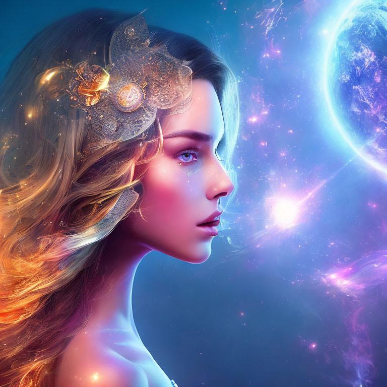 Fantasy portrait of woman with ornate headpiece in cosmic setting