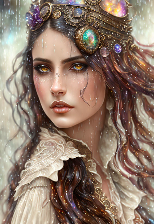 Detailed digital painting of a woman with intricate jewelry and fantasy elements