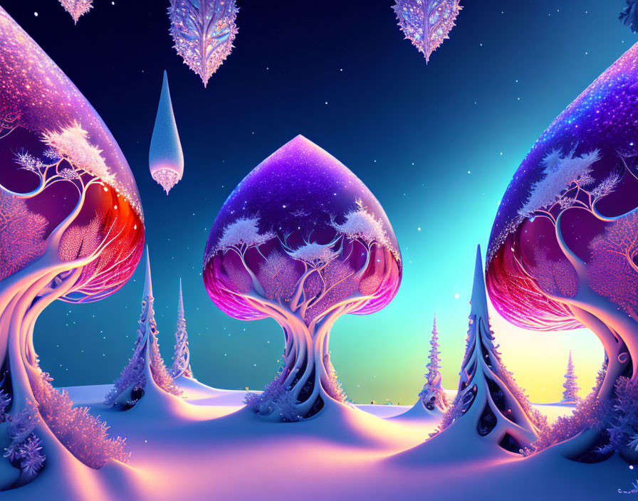 Surreal digital artwork of snowy tree-like structures under twilight sky