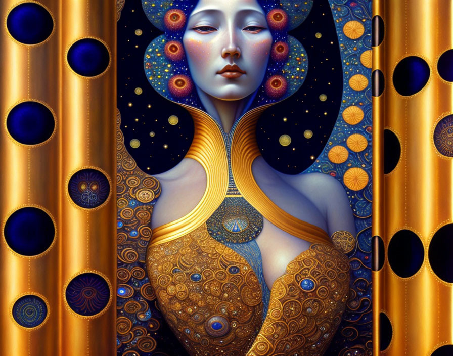 Stylized celestial digital artwork with gold and blue circular patterns