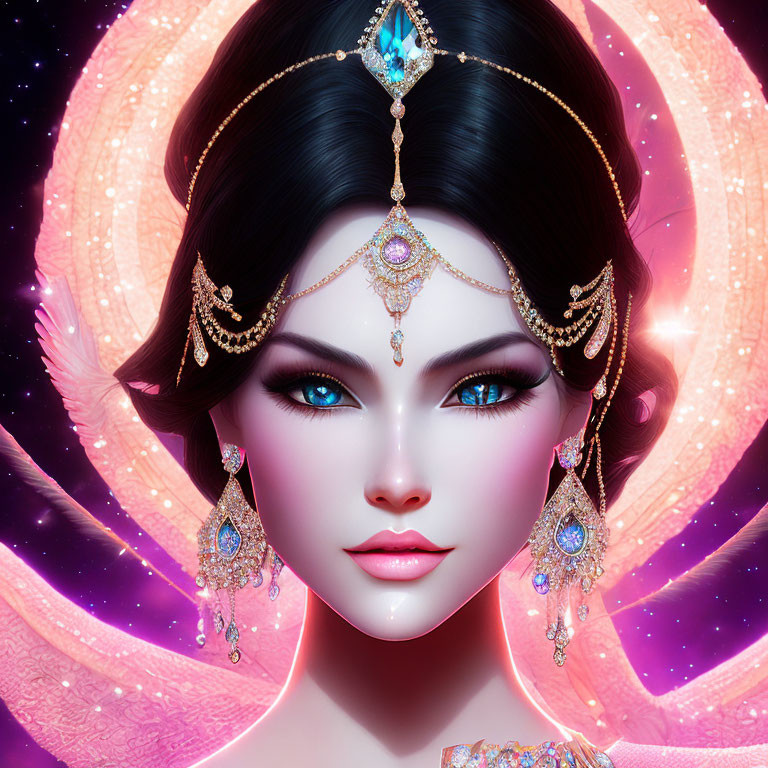 Digital art portrait of woman with blue eyes and jeweled accessories on pink cosmic background