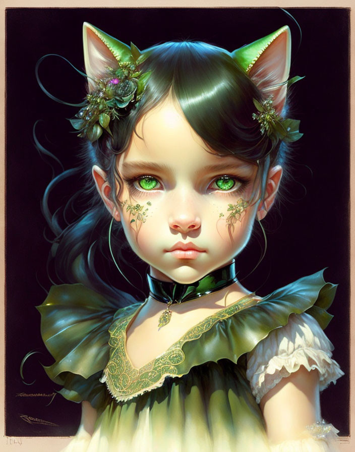 Digital artwork features girl with cat ears, green eyes, floral decorations, dark hair, green & black