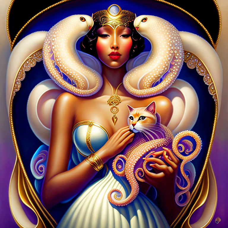 Illustrated woman with golden headgear holding a cat surrounded by tentacles on dark background