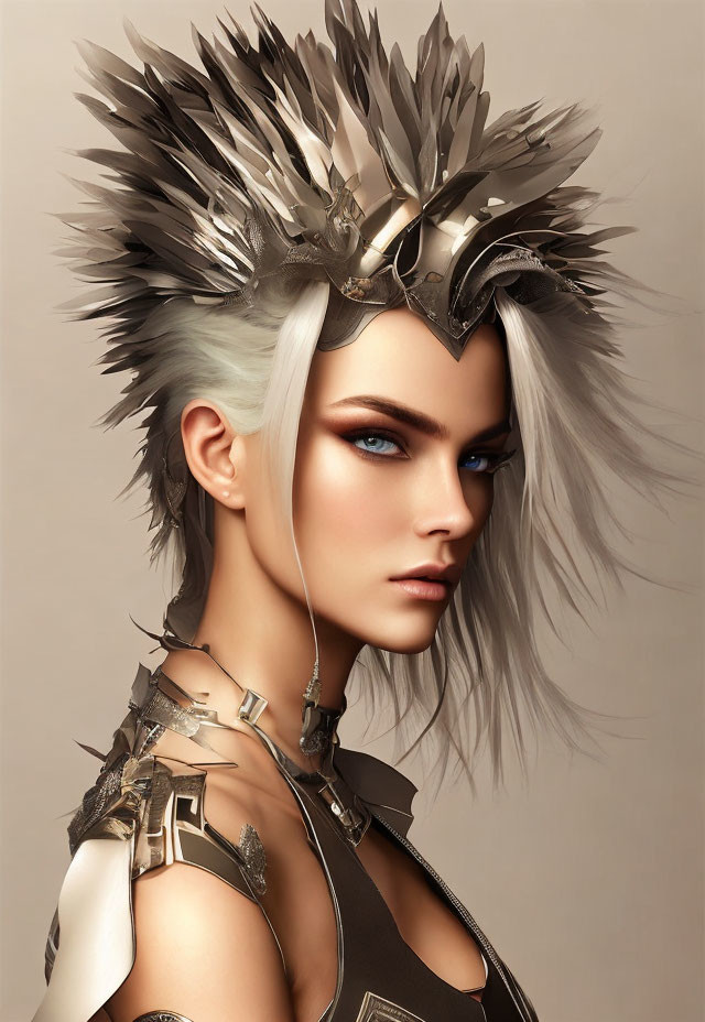 Striking blue-eyed woman with metallic headdress and ornate armor