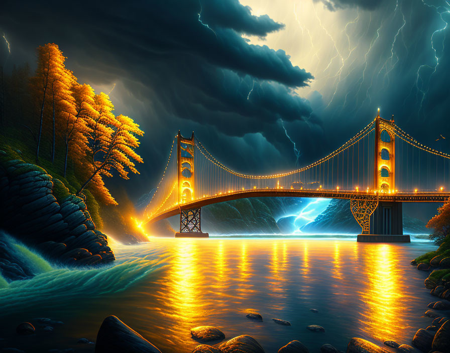 Surreal night scene with Golden Gate Bridge in stormy sky