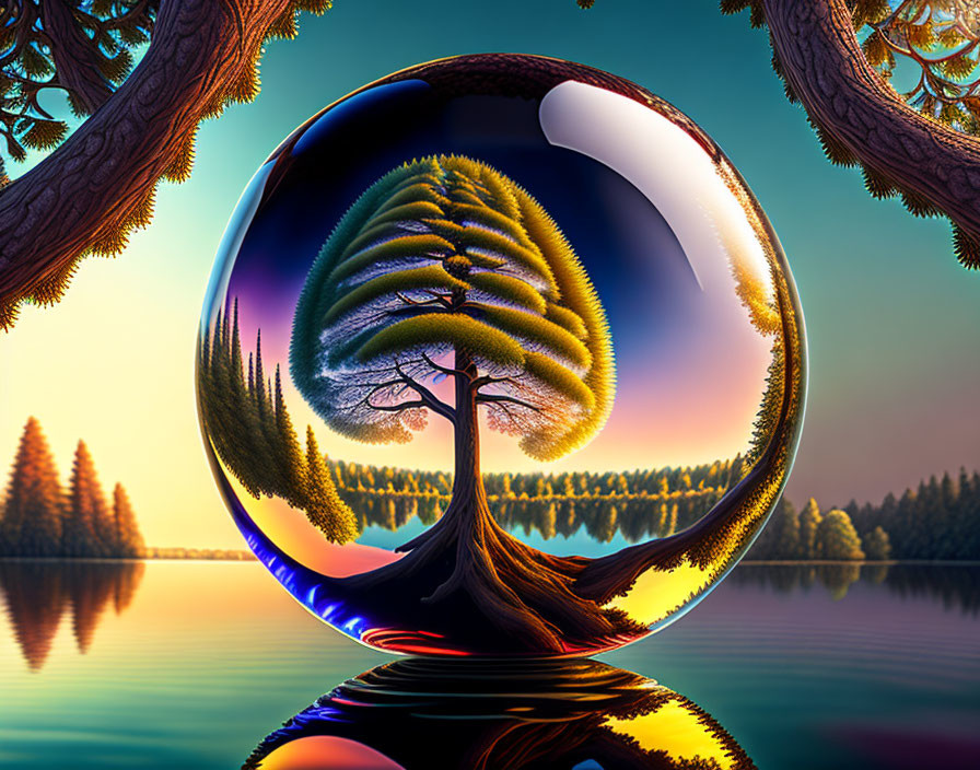 Colorful Crystal Ball Reflects Surreal Twilight Landscape