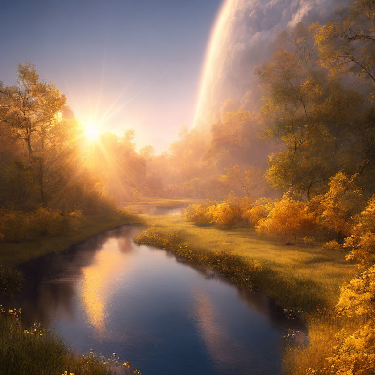 Golden forest river scene with autumn foliage and radiant sunrays