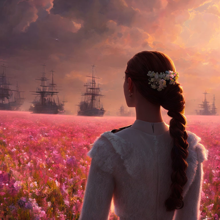 Woman with braided hair and flowers gazes at tall ships in a field of pink blossoms at