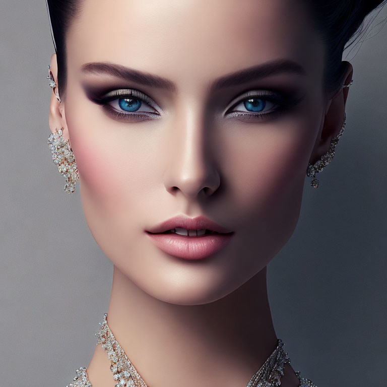 Portrait of Woman with Striking Blue Eyes and Elegant Earrings