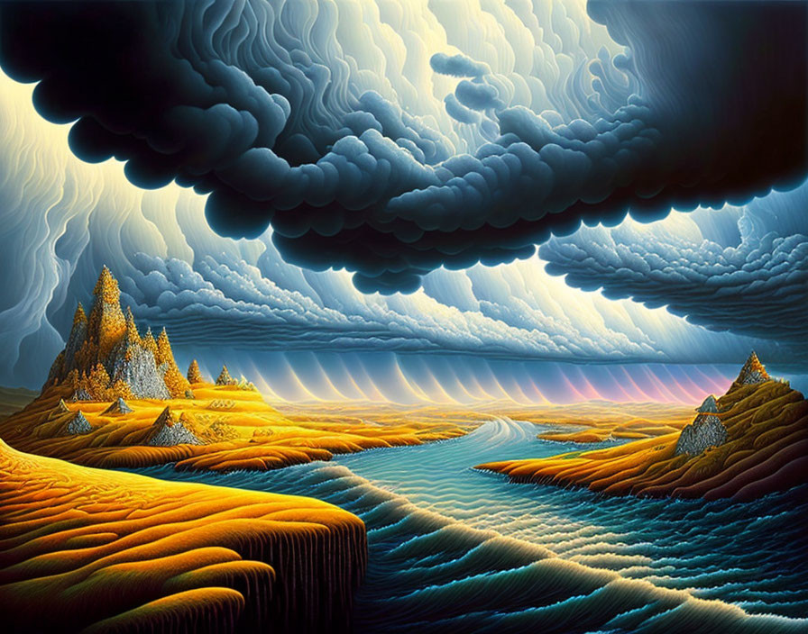 Surreal landscape with undulating hills, river, and dynamic clouds