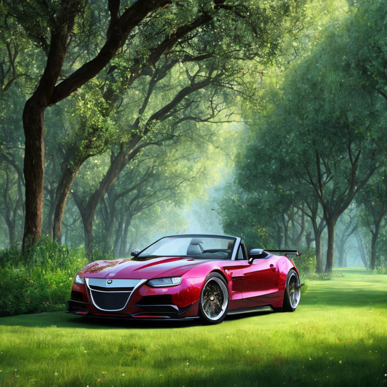 Red Convertible Sports Car Parked in Lush Green Field with Sunlight Filtering Through Trees