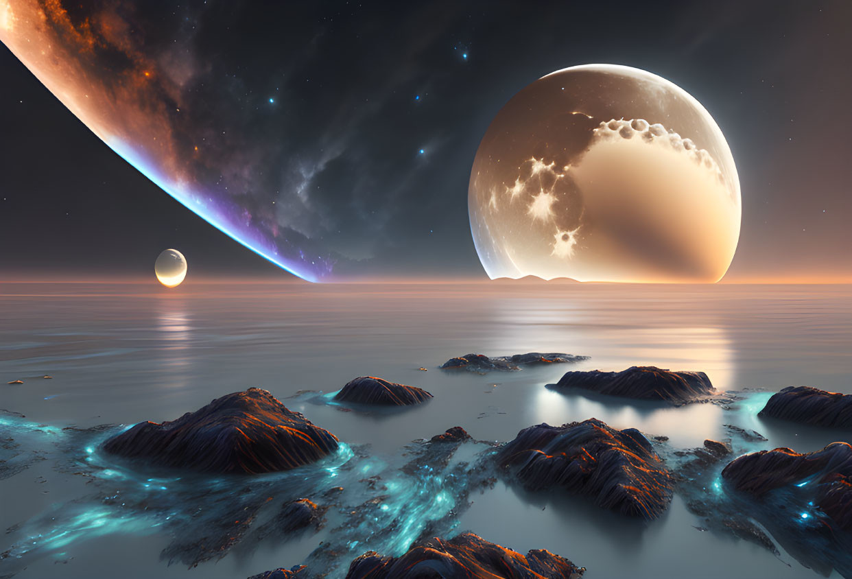 Alien landscape with ocean, bioluminescent lifeforms, rocks, and celestial bodies