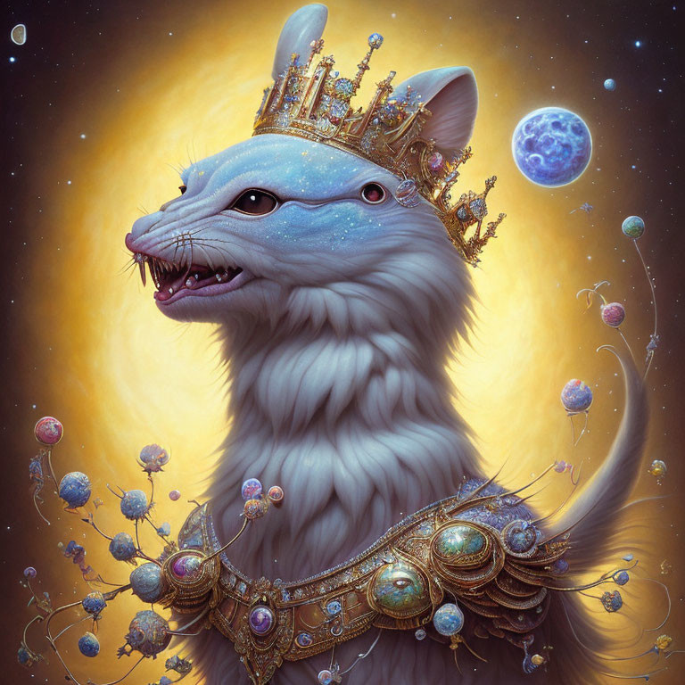 Anthropomorphic White Fox with Golden Crown in Cosmic Setting