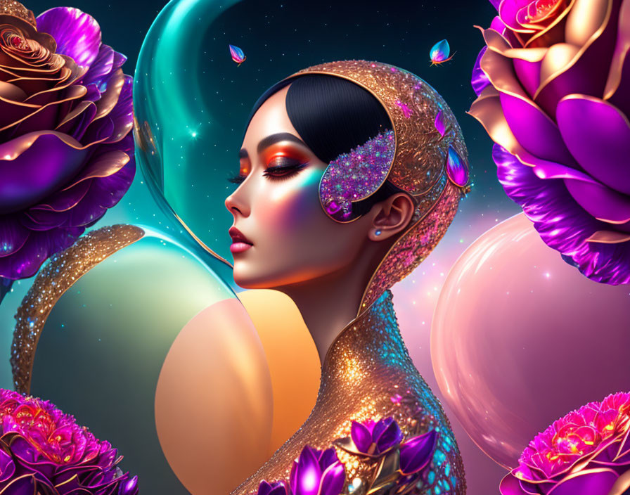 Vibrant digital artwork: Woman with gold details, luminescent flowers, celestial orbs, cosmic