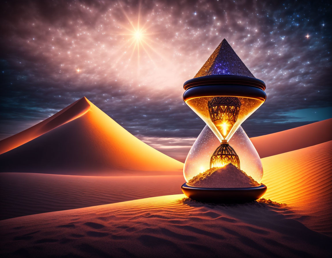 Hourglass with cosmic background on desert sands