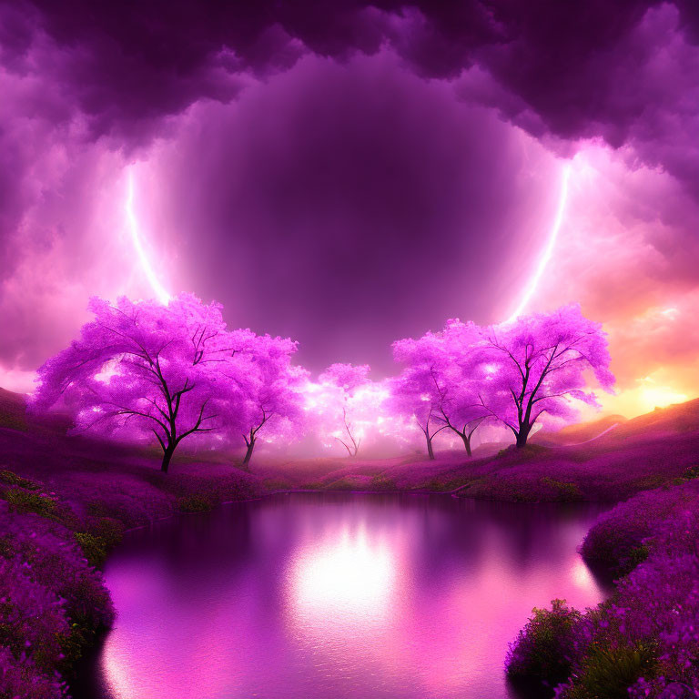 Colorful Fantasy Landscape: Purple Trees, Serene Lake, Pink Lightning Sky