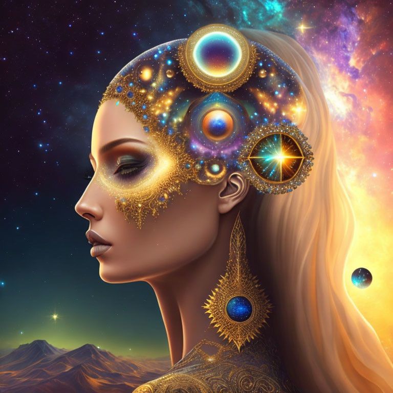 Digital artwork: Woman with cosmic features and starry hair and headdress surrounded by celestial bodies