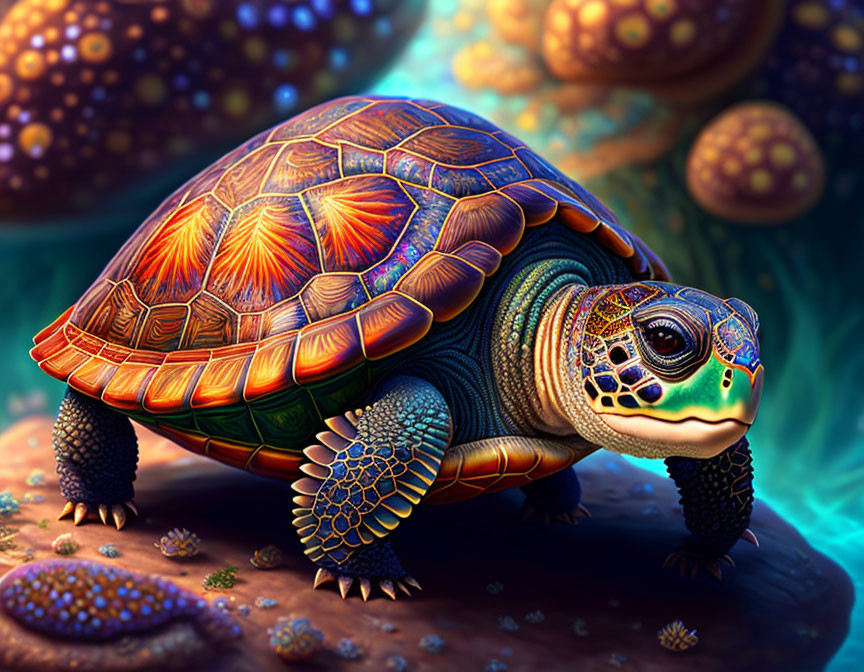 Colorful Tortoise Artwork Against Fantastical Background