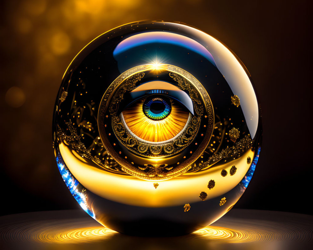 Detailed eye design on glossy sphere with golden ornate patterns on dark background