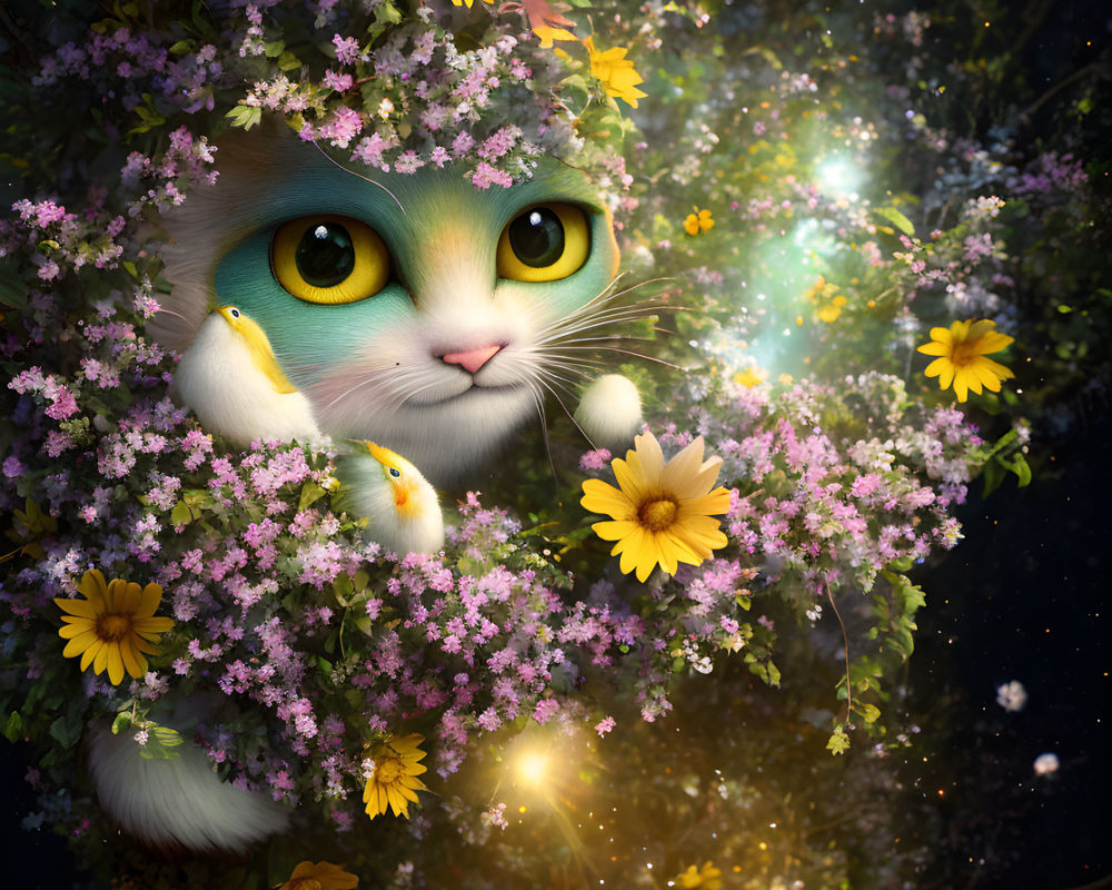 Whimsical cat with expressive eyes in vibrant floral scene with birds