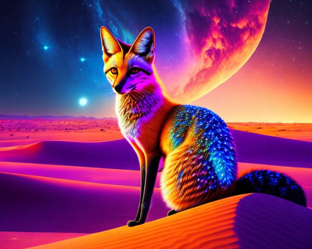 Colorful Fox Artwork: Fox on Desert Dune under Purple Sky