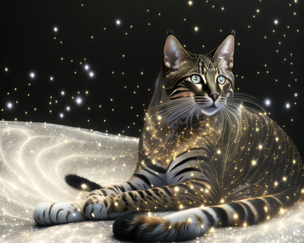 Tabby Cat on Sparkling Cosmic Background with Stars and Nebula Patterns