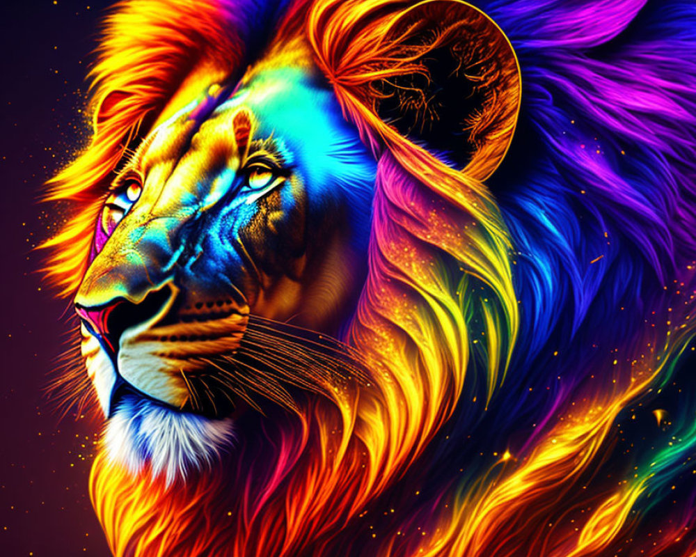 Colorful neon lion art on cosmic background in purple, blue, orange, yellow