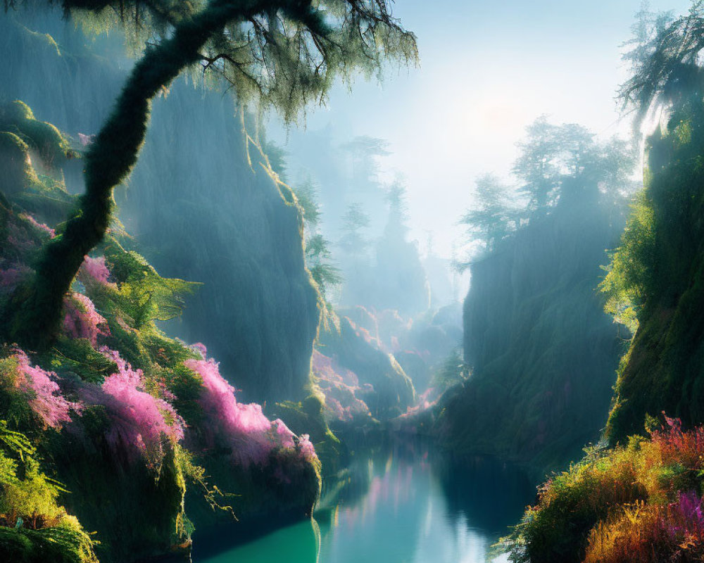 Tranquil forest landscape with mist, pink flowers, green waters, and mossy branches