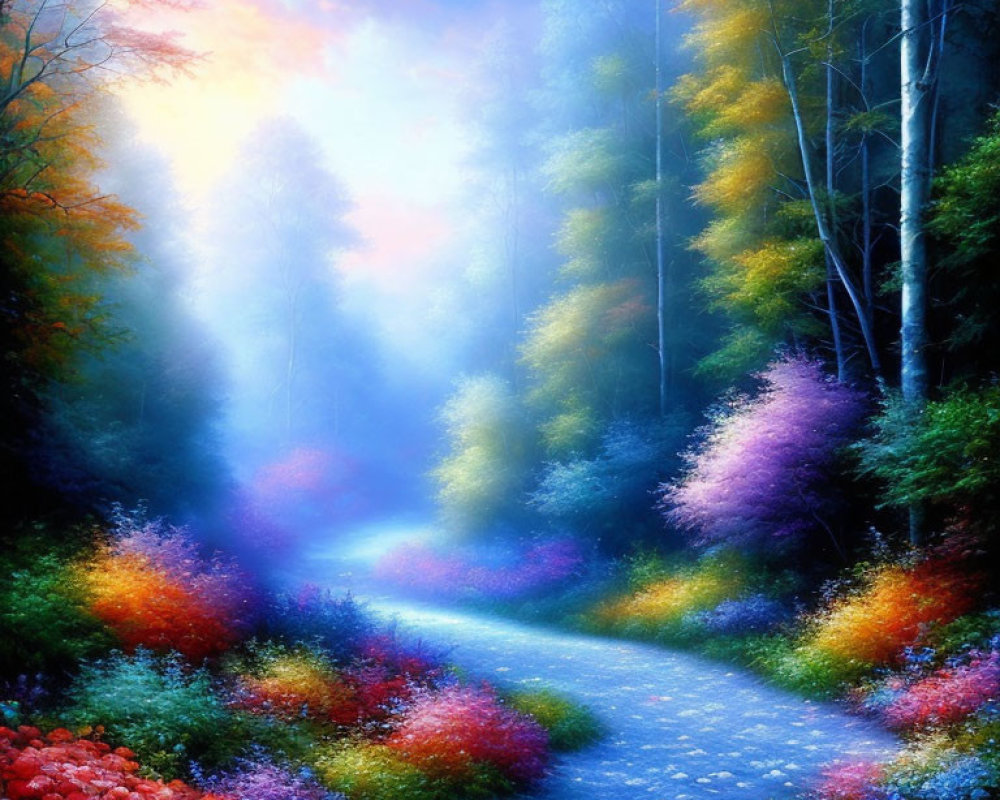 Vivid Forest Scene with Misty Pathway and Colorful Flora