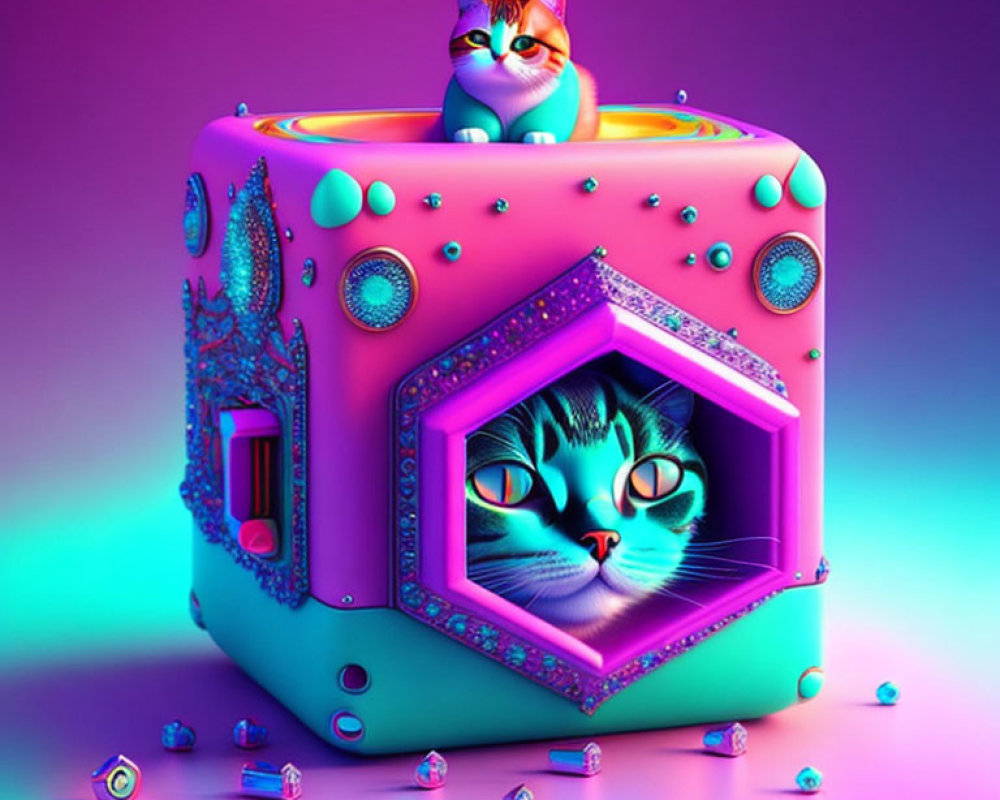 Vibrant digital artwork featuring surreal cubic structure with cat faces and rainbow-colored cat.