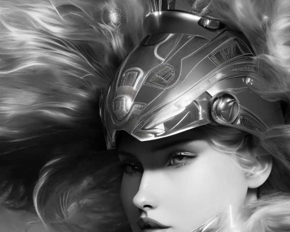 Monochrome image of woman with futuristic helmet and billowing blonde hair.