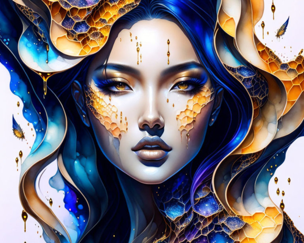 Digital portrait of woman with blue hair, honeycomb patterns, gold accents, and butterfly motifs