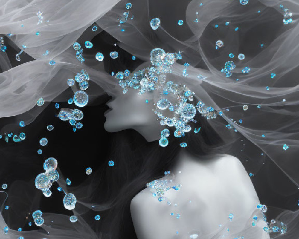 Monochromatic silhouette of woman with flowing fabric and blue bubbles