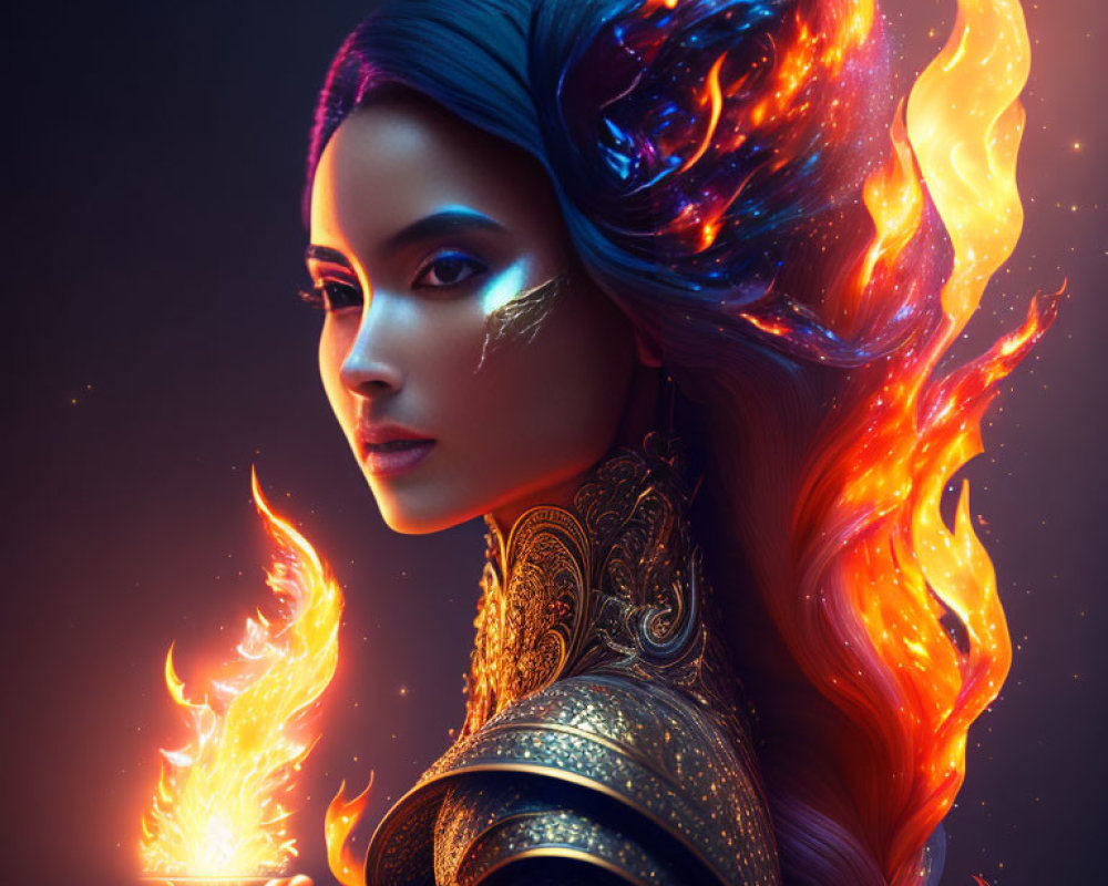 Woman with blue & fiery orange flame-like hair in gold armor holding fire