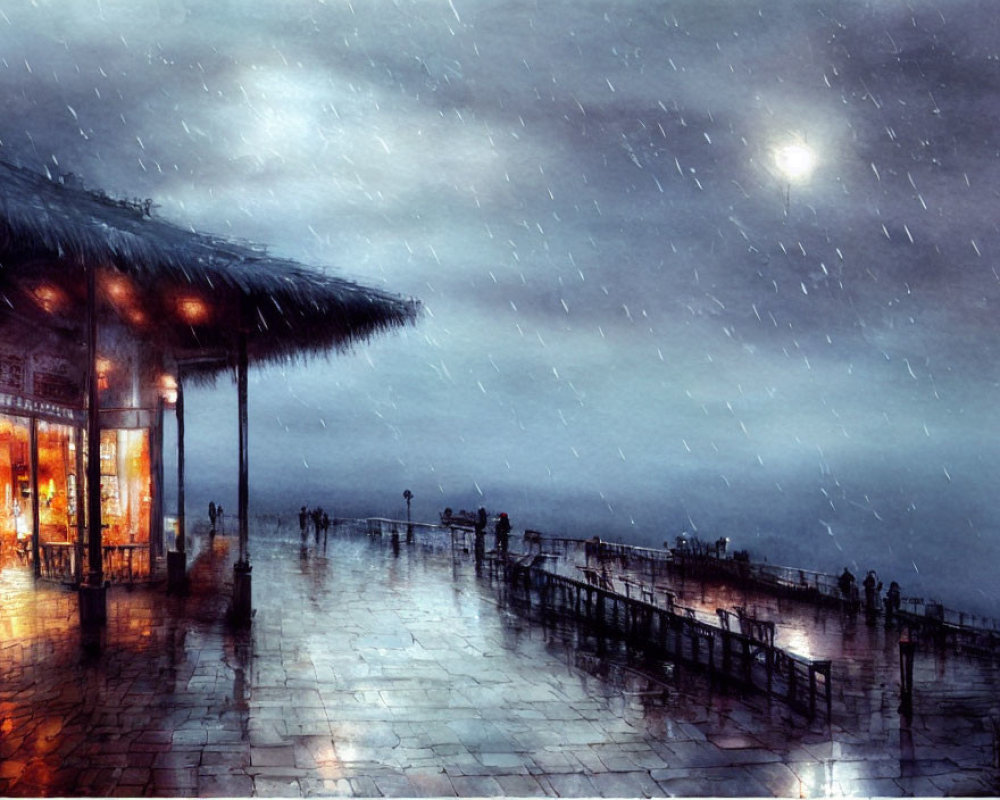 Digital painting of a rainy waterfront pavilion at night