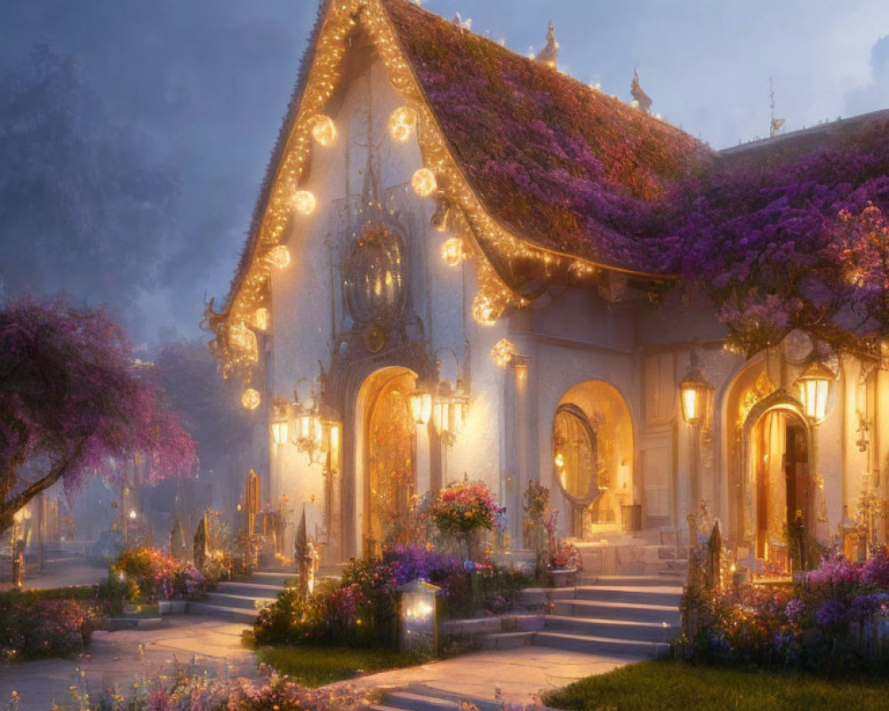 Fairytale Cottage with Purple Flowers and Soft Lights at Twilight